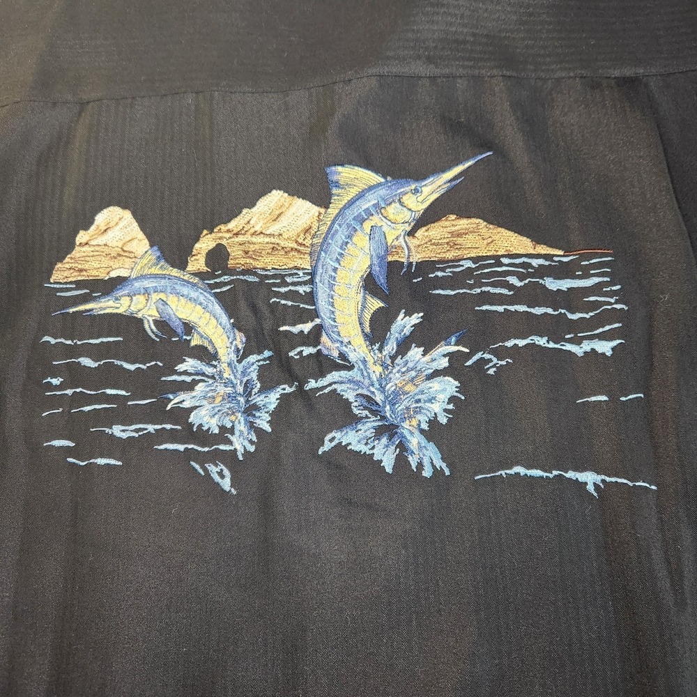 HOOK & TACKLE Camp Shirt Men 2XL Black Embroidered Marlin Angler Fishing Beach